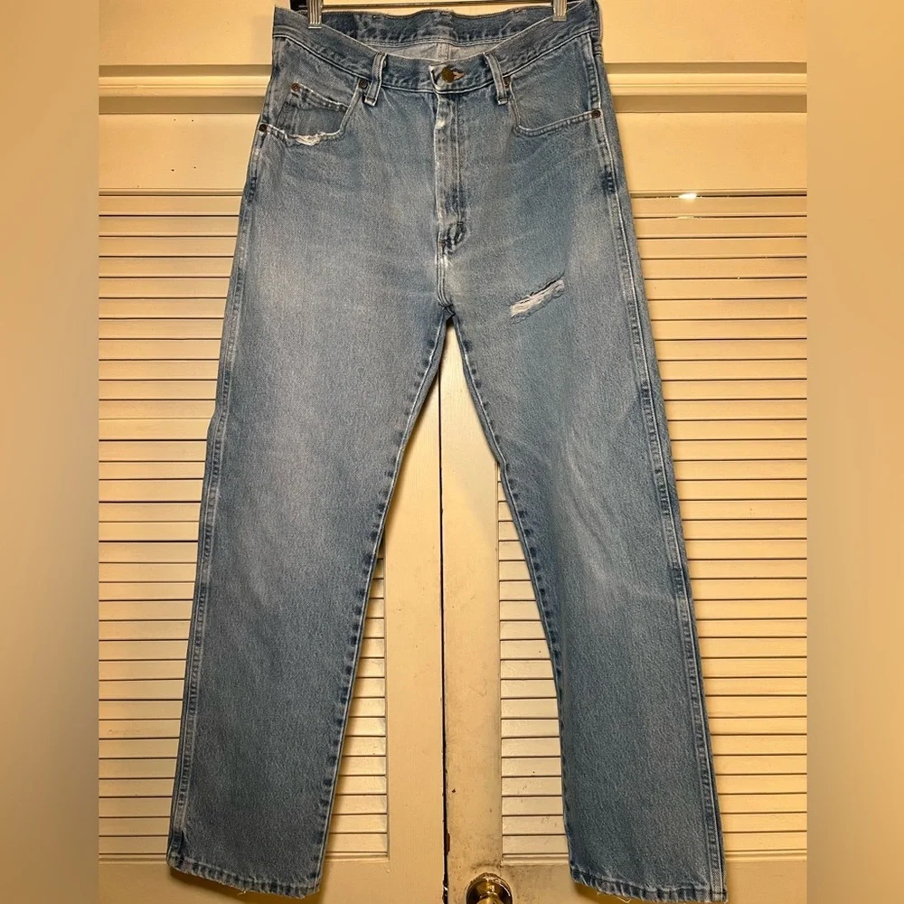 Vintage 90s Wrangler Regular Fit Straight Leg Distressed Jeans Denim size 12 - Picture 1 of 14